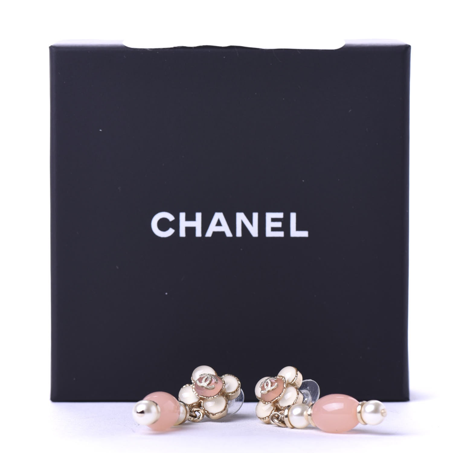 Chanel Resin Pearl CC Flower Drop Earrings Pink Beige 5 of 5