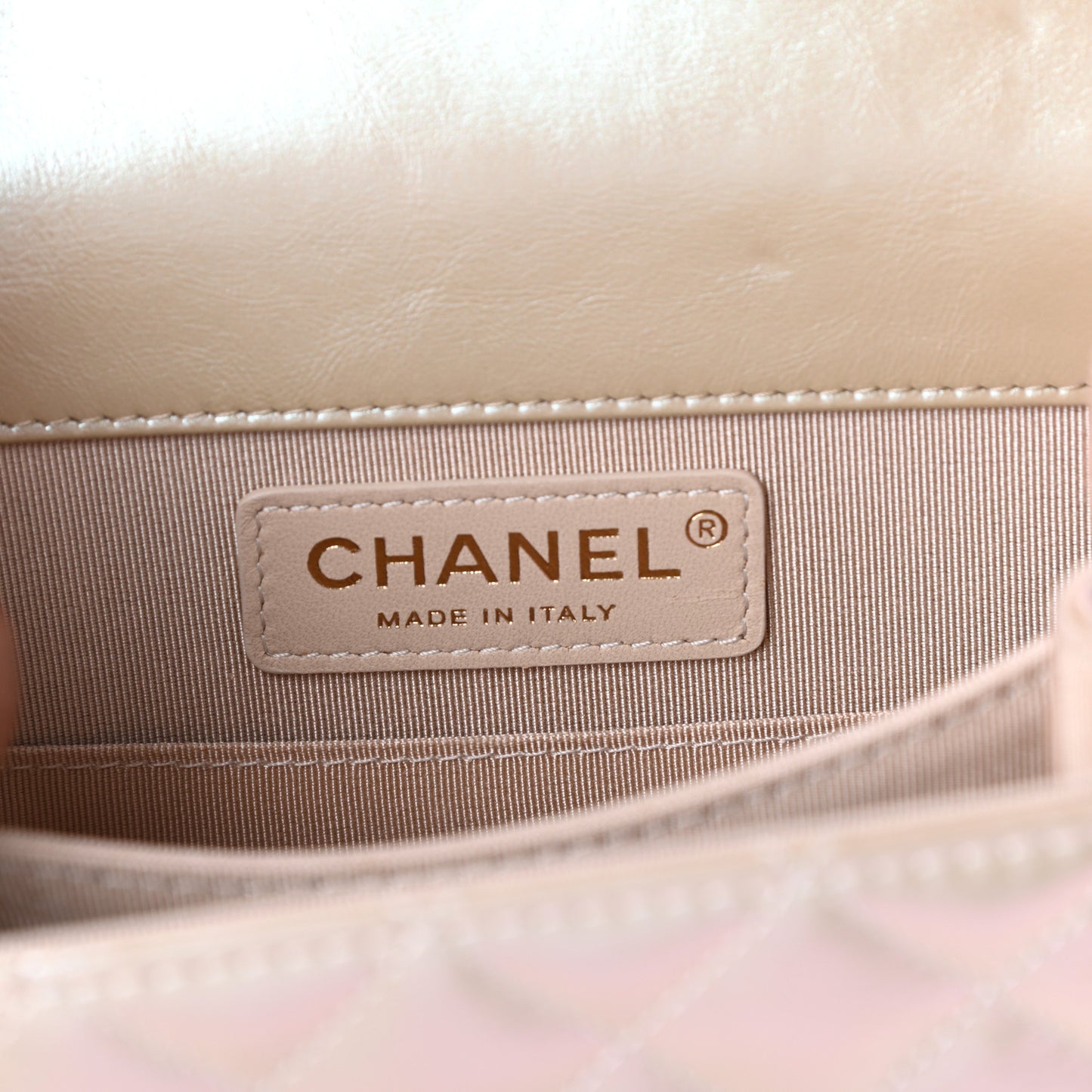 Iridescent Calfskin Quilted North South Boy Flap Beige