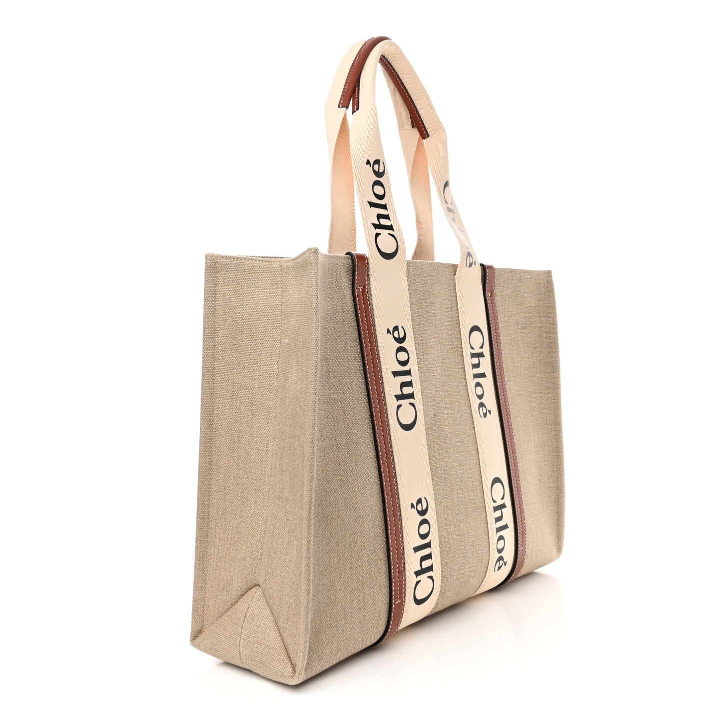 Linen Calfskin Large Woody Ribbon Tote White Brown