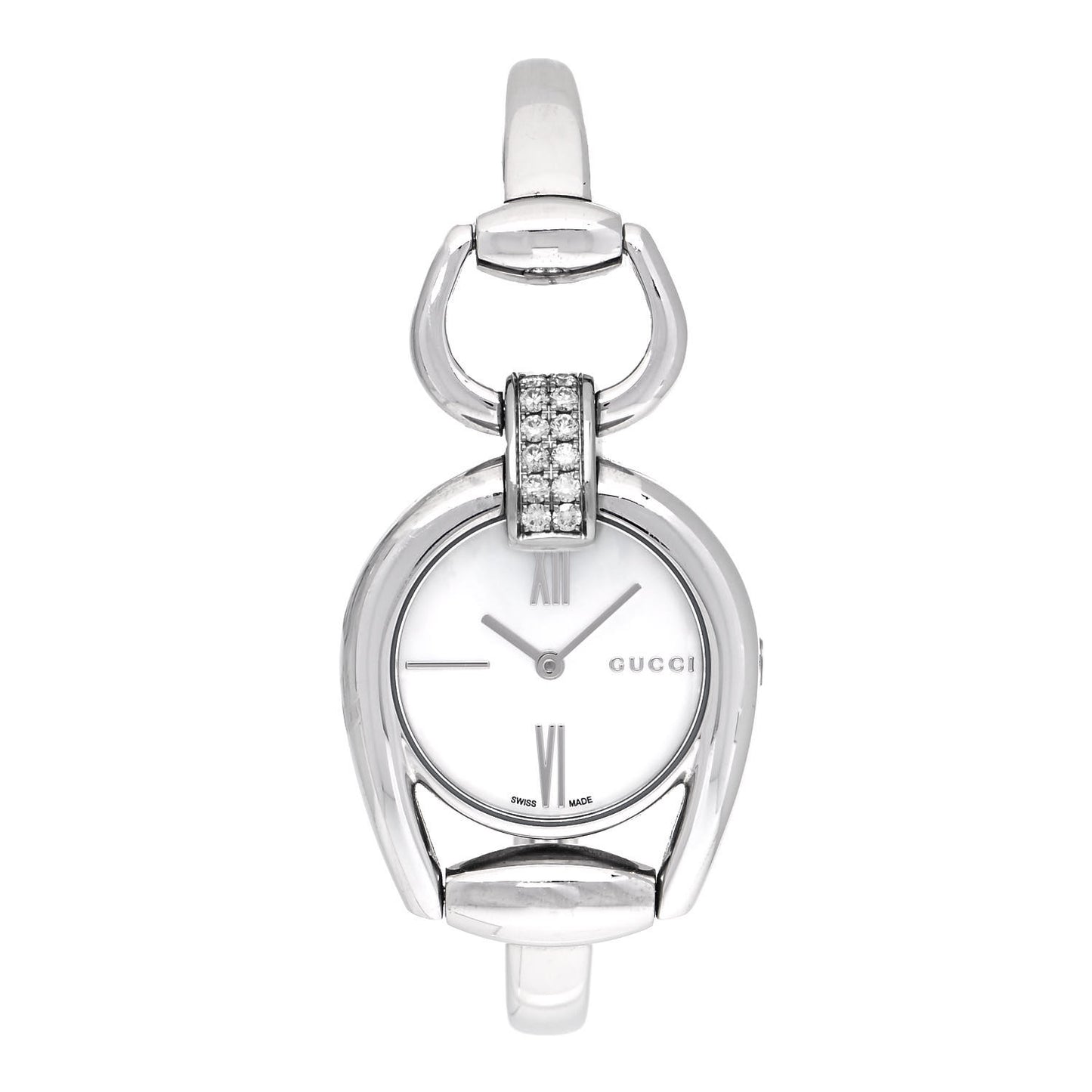 Stainless Steel Diamond Pave Mother of Pearl 28mm Horsebit Quartz Watch