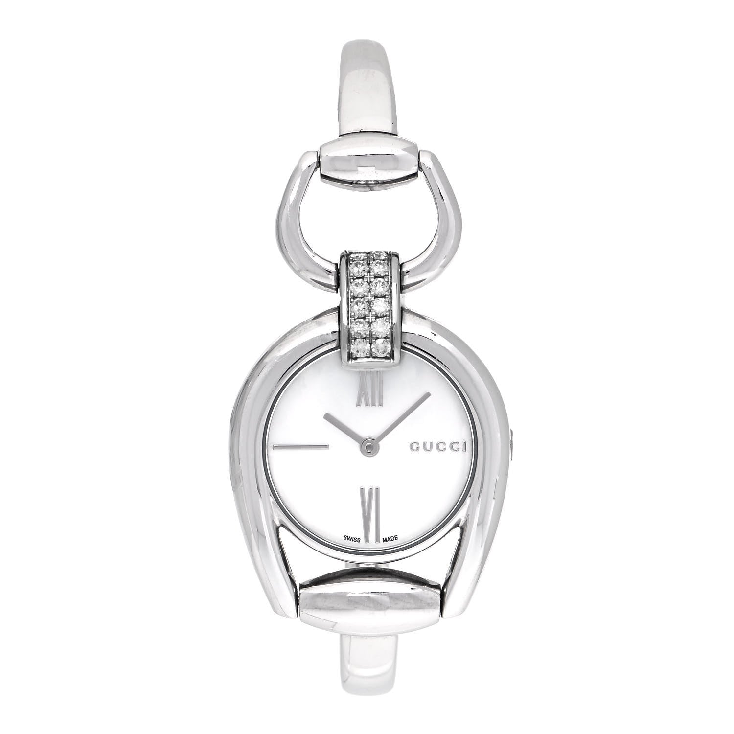 Gucci Stainless Steel Diamond Pave Mother of Pearl 28mm Horsebit Quartz Watch 1 of 4