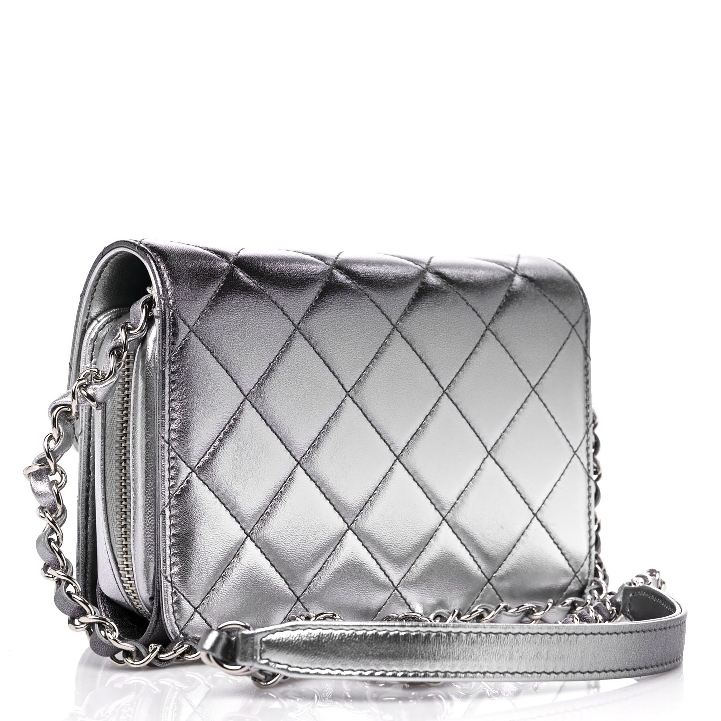 Metallic Lambskin Like A Wallet Flap Silvery Black