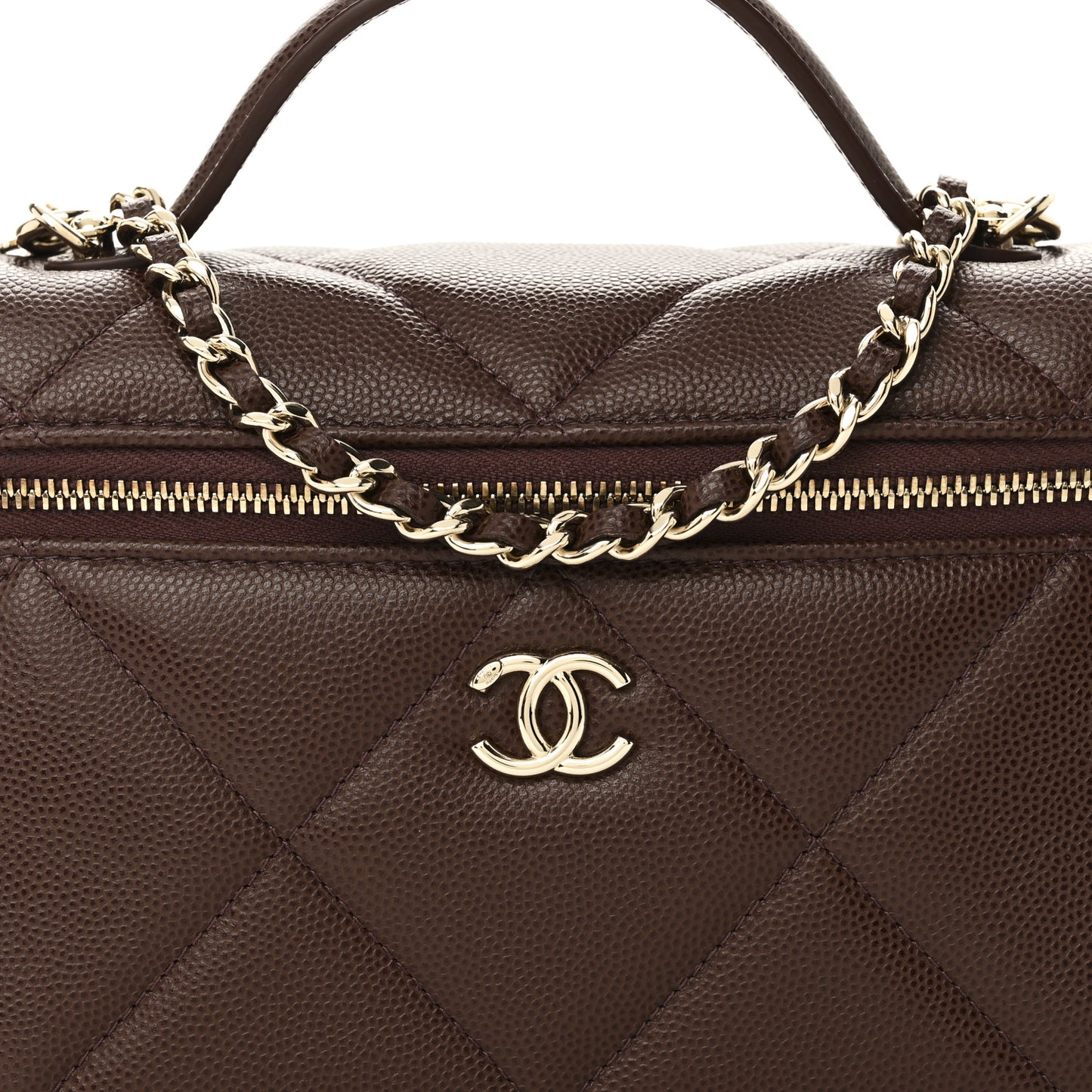 Caviar Quilted Top Handle Slim Vanity With Chain Dark Brown