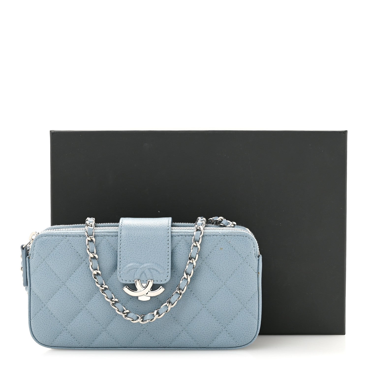 Chanel Grained Calfskin Quilted CC Box Clutch With Chain Blue 14 of 14