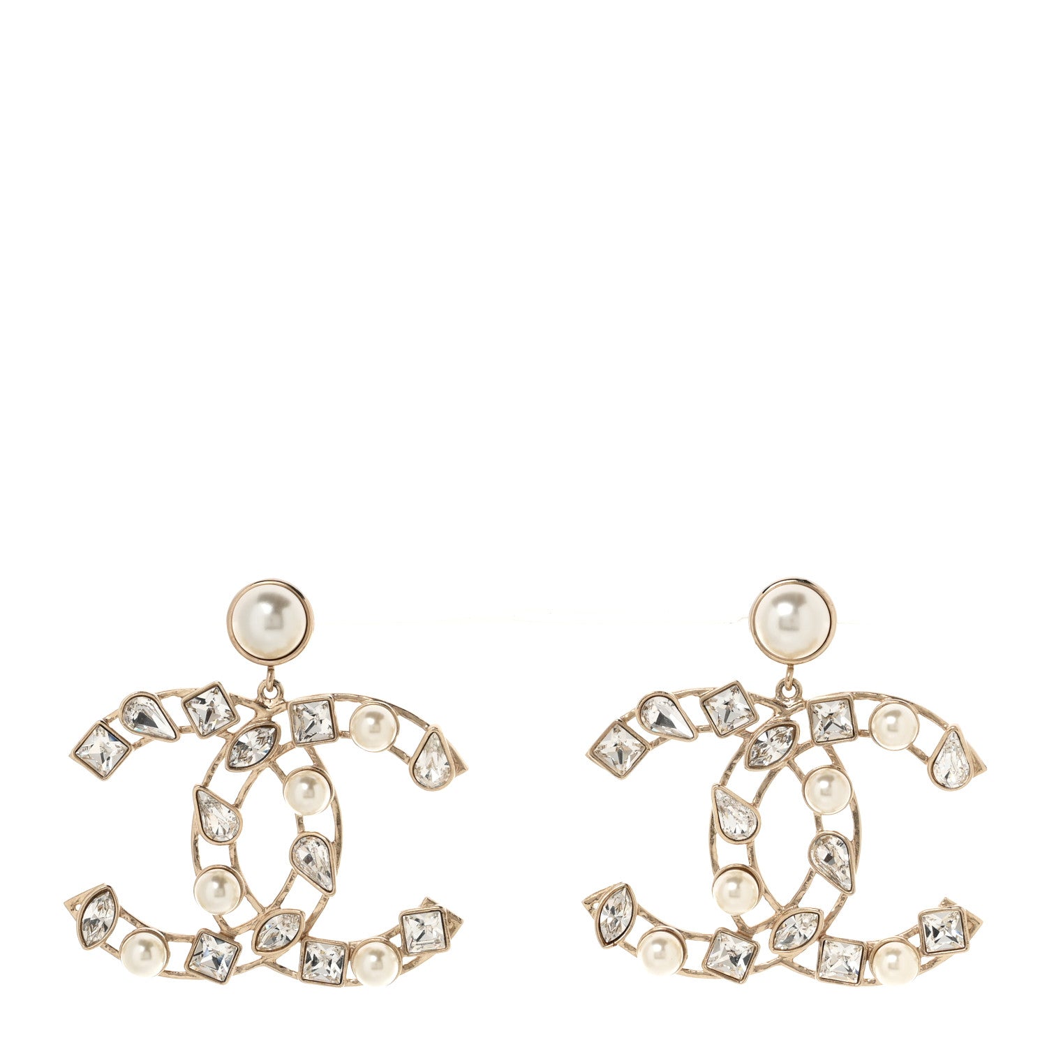 Chanel Metal Glass Pearl CC Crystal Snowfall CC Drop Earrings Light Gold 1 of 5