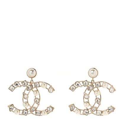 Chanel Metal Glass Pearl CC Crystal Snowfall CC Drop Earrings Light Gold 1 of 5
