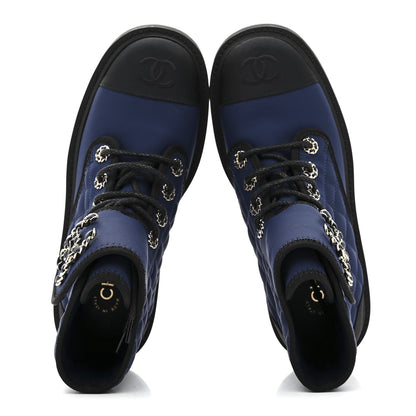 Chanel Fabric Grosgrain Quilted Cap Toe Lace Up Combat Boots 36.5 Navy Black 2 of 9
