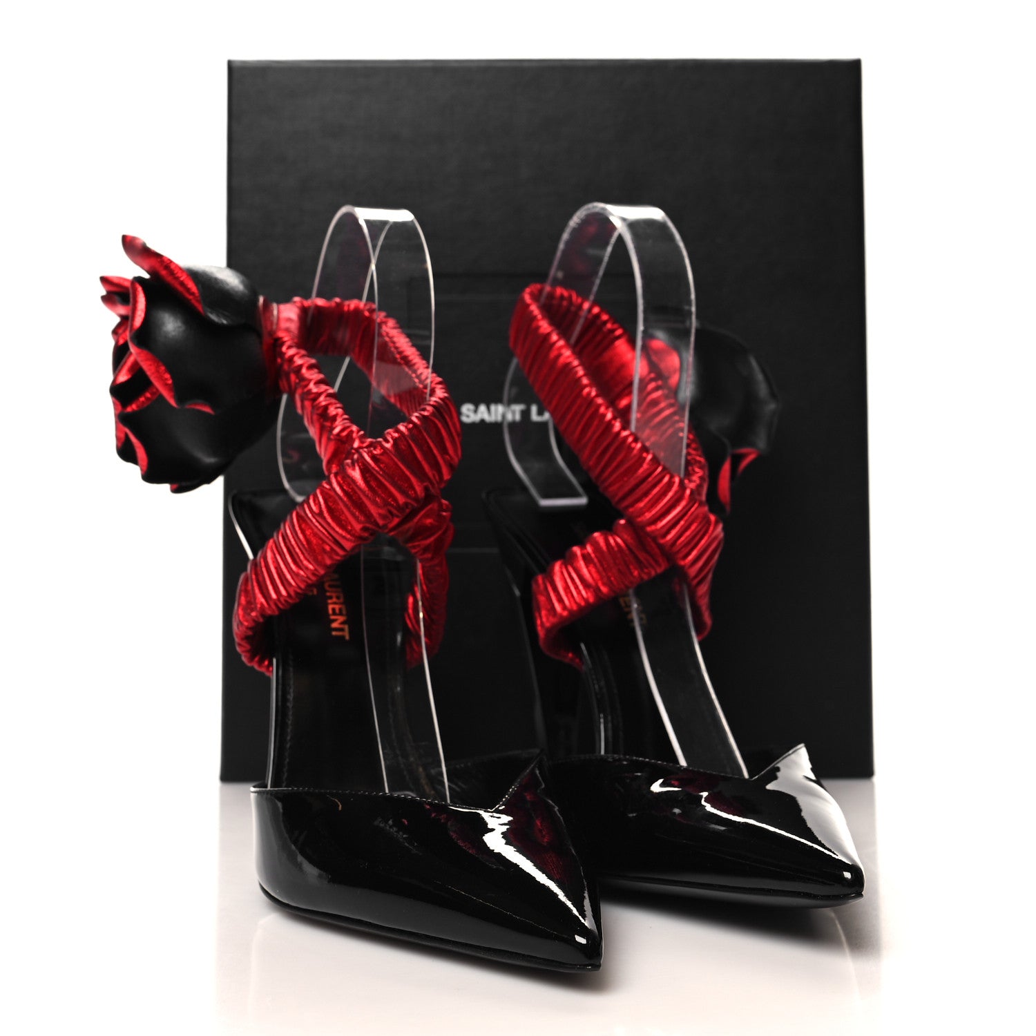 Saint Laurent Patent Nappa Silk Freja 105 Flower Ankle Pumps 37.5 Black Rosso 9 of 9