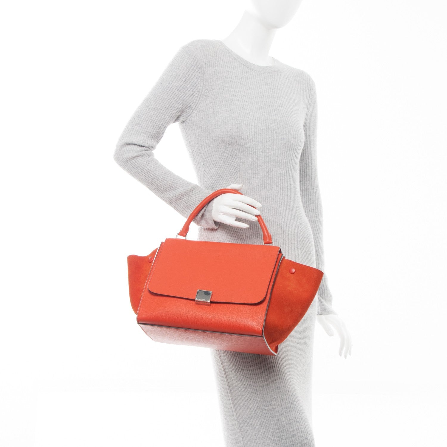 Celine Drummed Calfskin Suede Medium Trapeze Vermillion 3 of 8