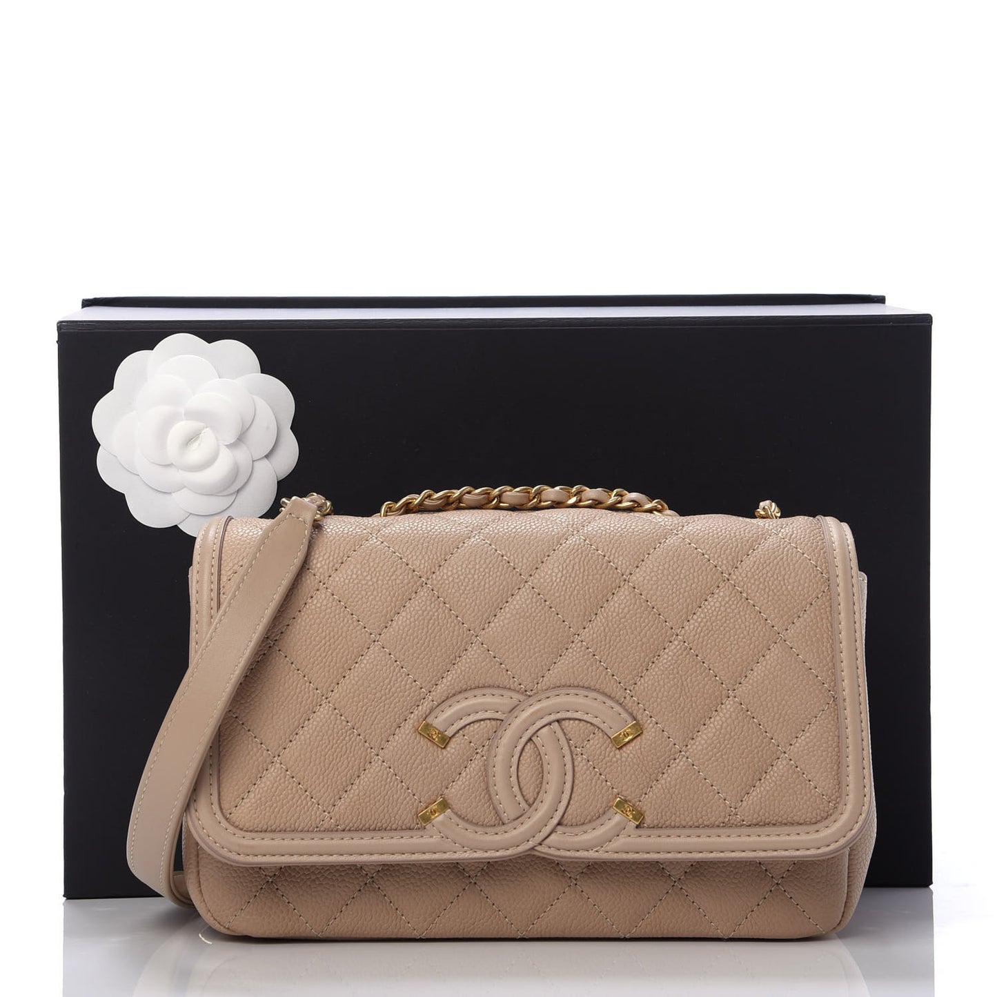 Caviar Quilted Small CC Filigree Flap Beige