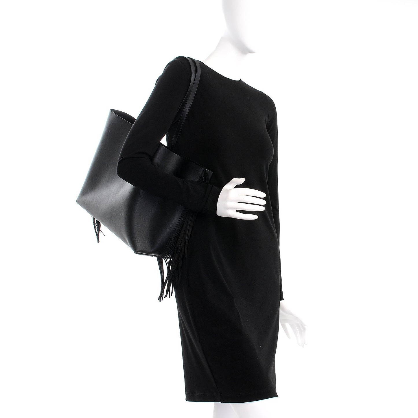 Calfskin Large Fringe Shopping Tote Black