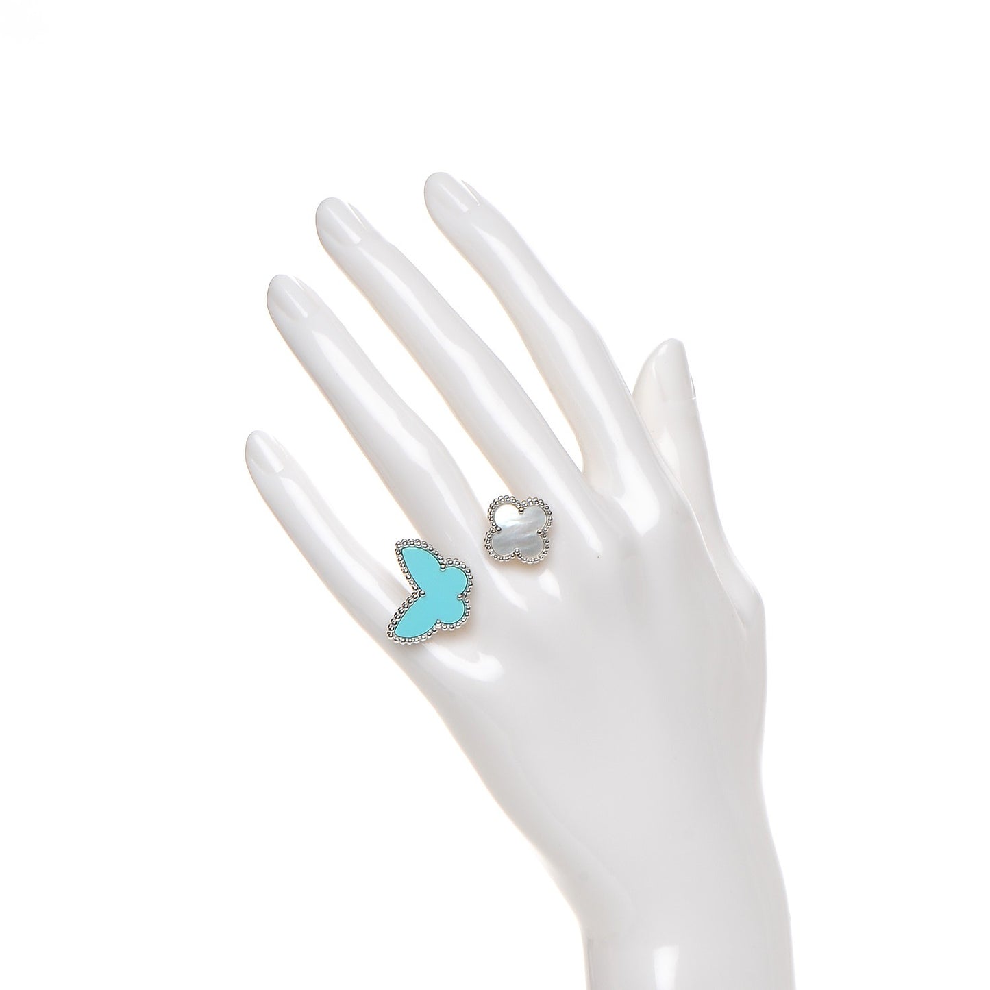 18K White Gold Mother of Pearl Turquoise Lucky Alhambra Between the Finger Ring 49 4.5