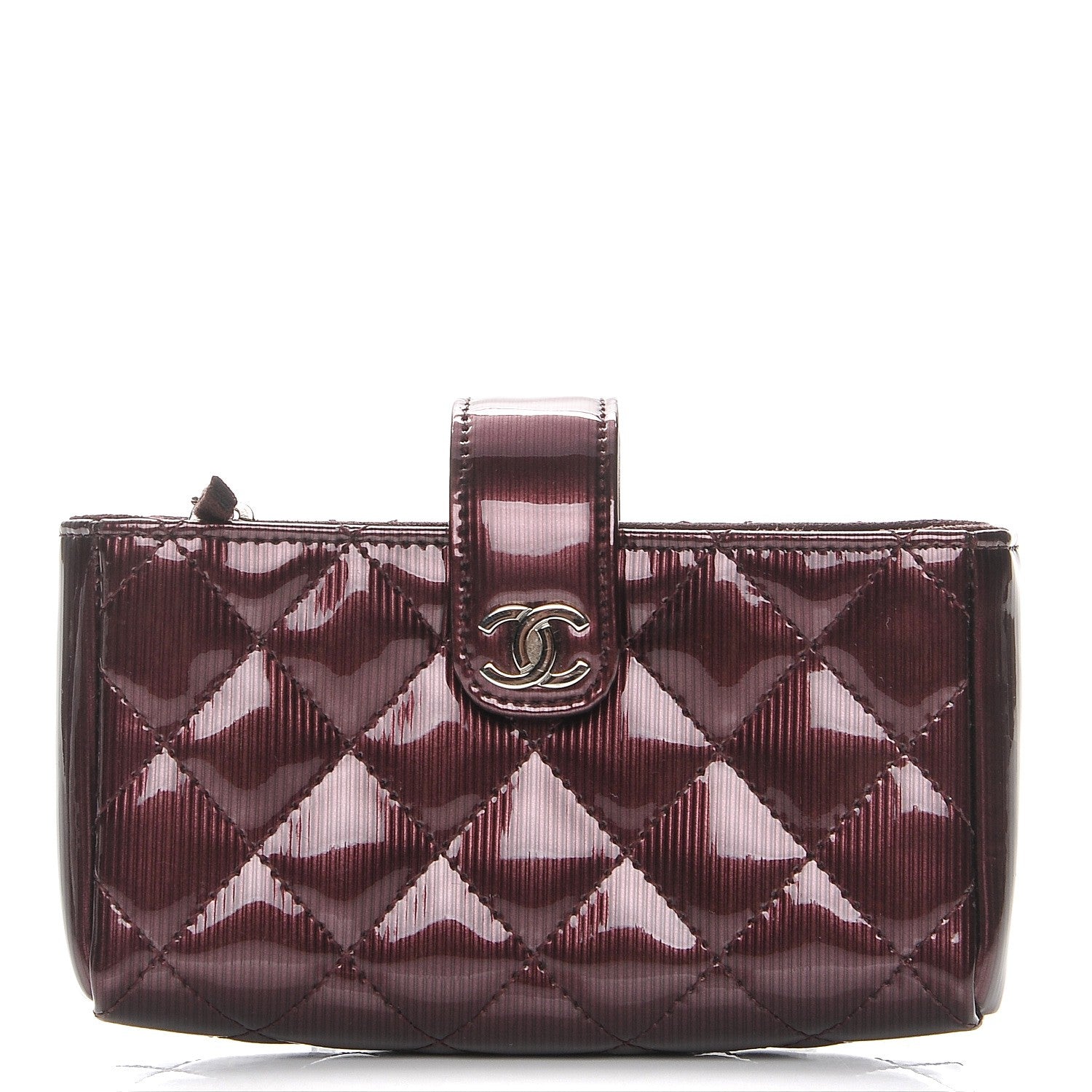 Chanel Striated Patent Quilted Mini Phone Holder Clutch Burgundy 1 of 8