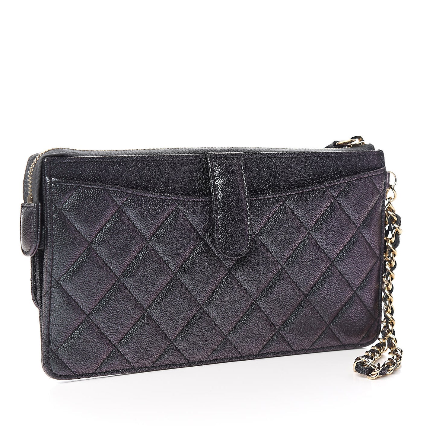 Iridescent Caviar Quilted Classic Pouch With Handle Black