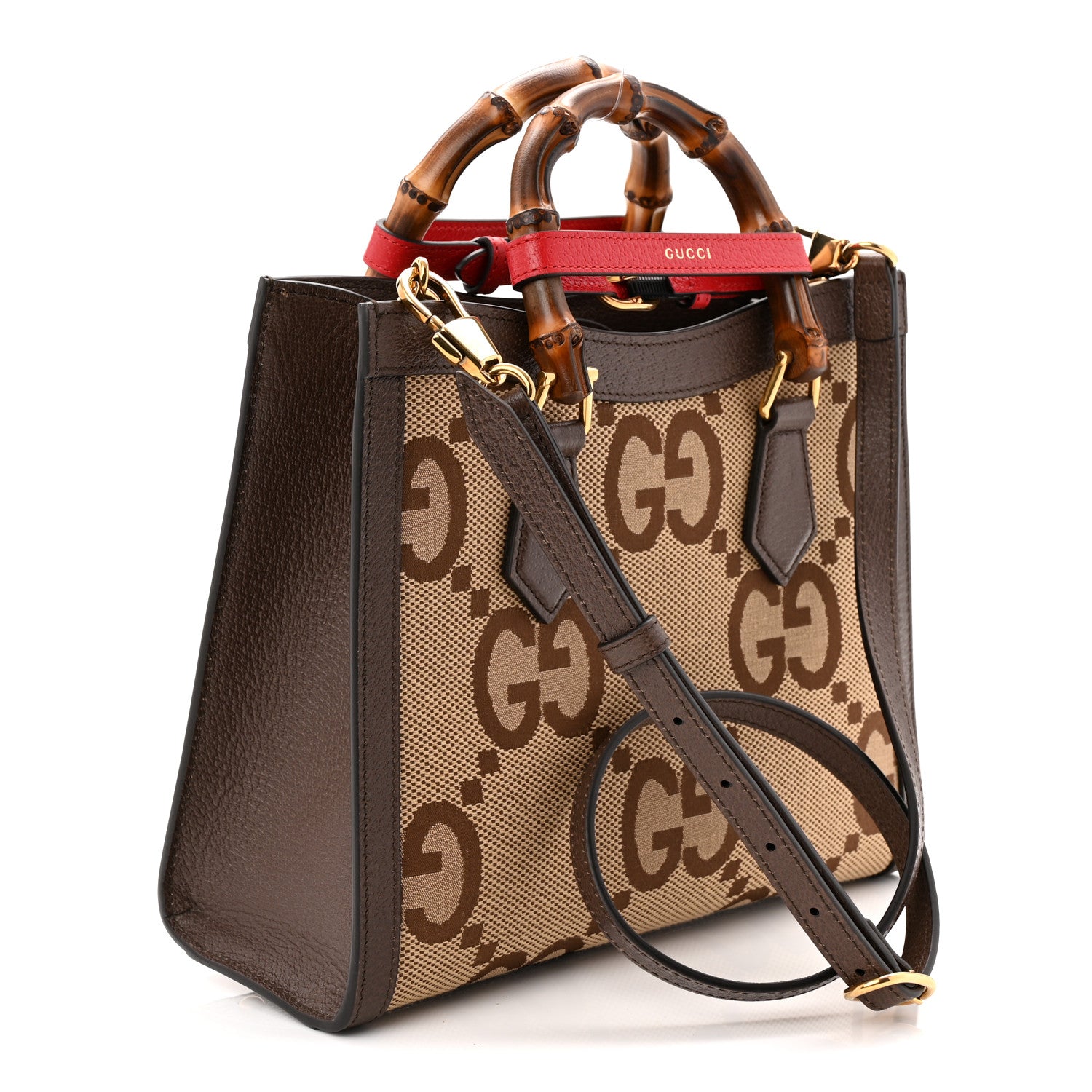 Gucci Monogram Jumbo GG Textured Dollar Calfskin Small Diana Tote Bag Camel Ebony New Acero Pomegranate Red 3 of 11