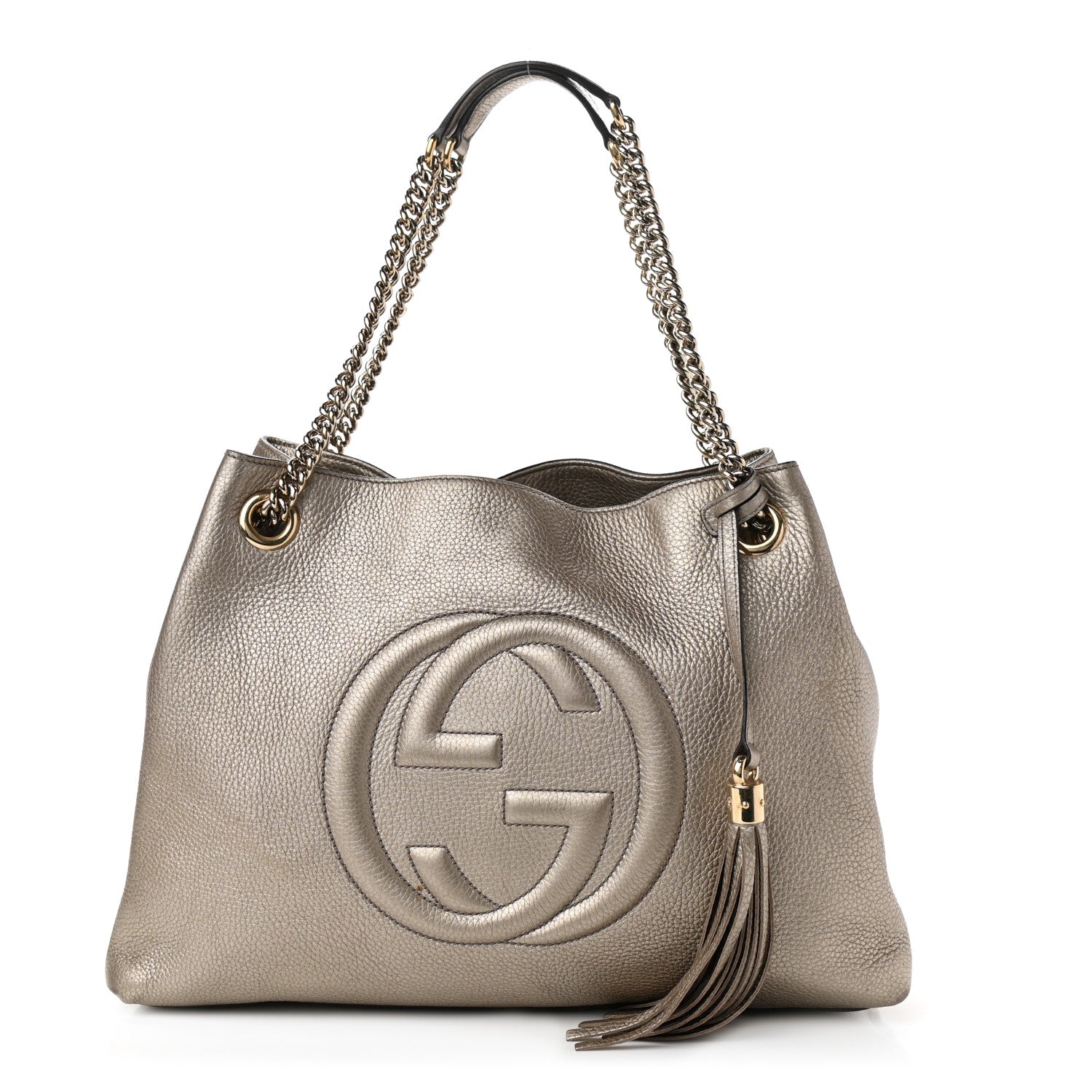 Gucci Metallic Pebbled Calfskin Medium Soho Chain Shoulder Bag Golden Beige 1 of 10