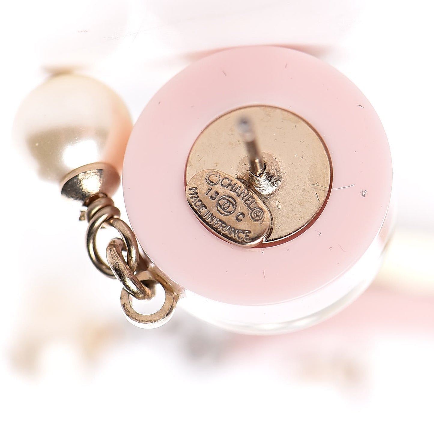 Resin Crystal Pearl Striped CC Drop Earrings Pink Gold