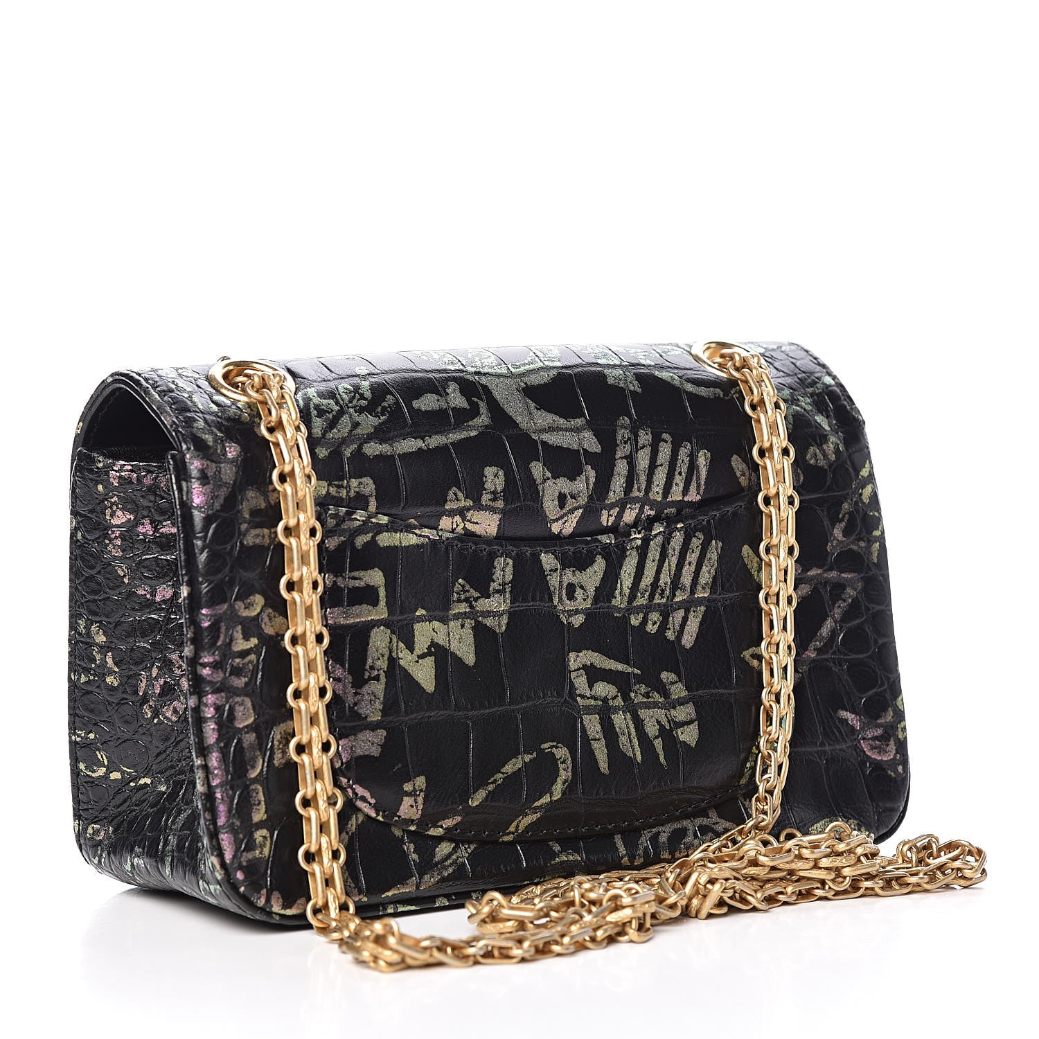 Chanel Calfskin Crocodile Embossed Graffiti 2.55 Mini Cocodile Reissue Flap Black Pink 4 of 12