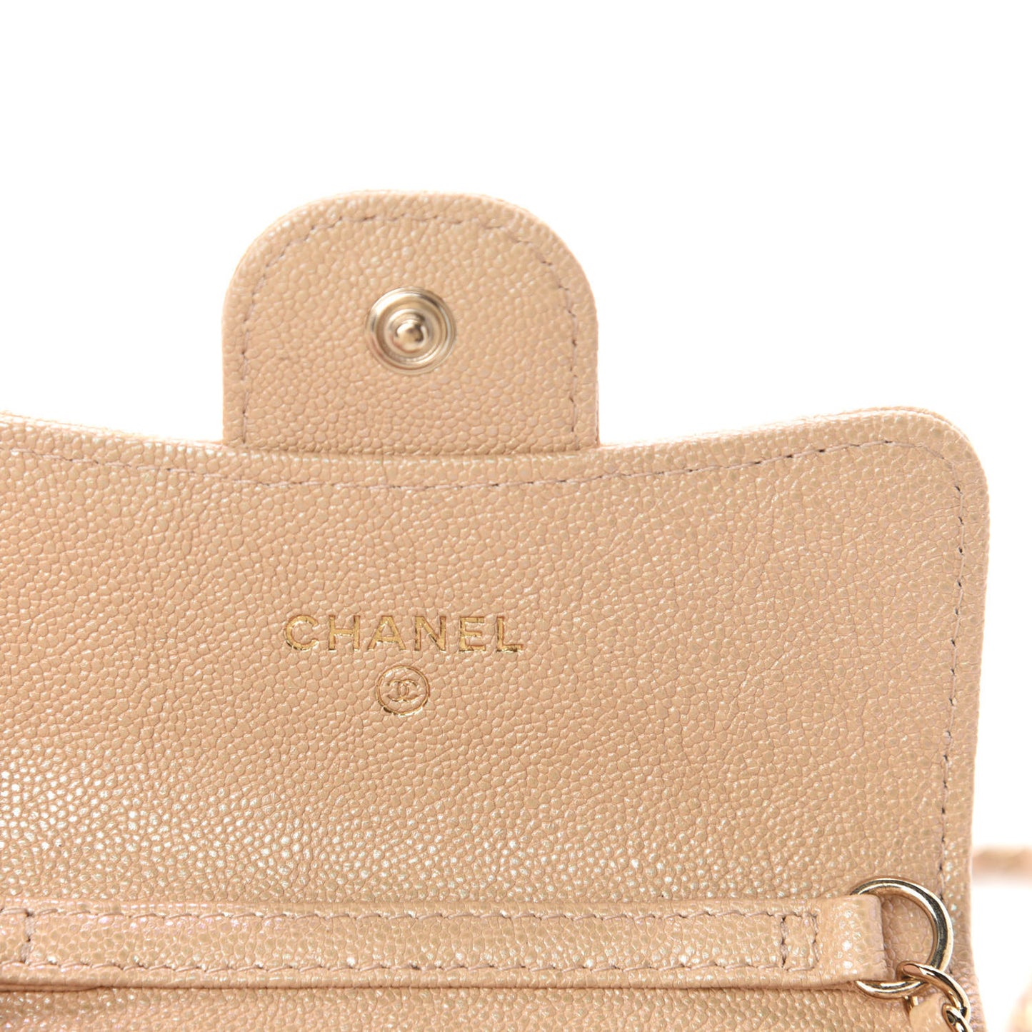 Iridescent Caviar Quilted Flap Card Holder On Chain Beige