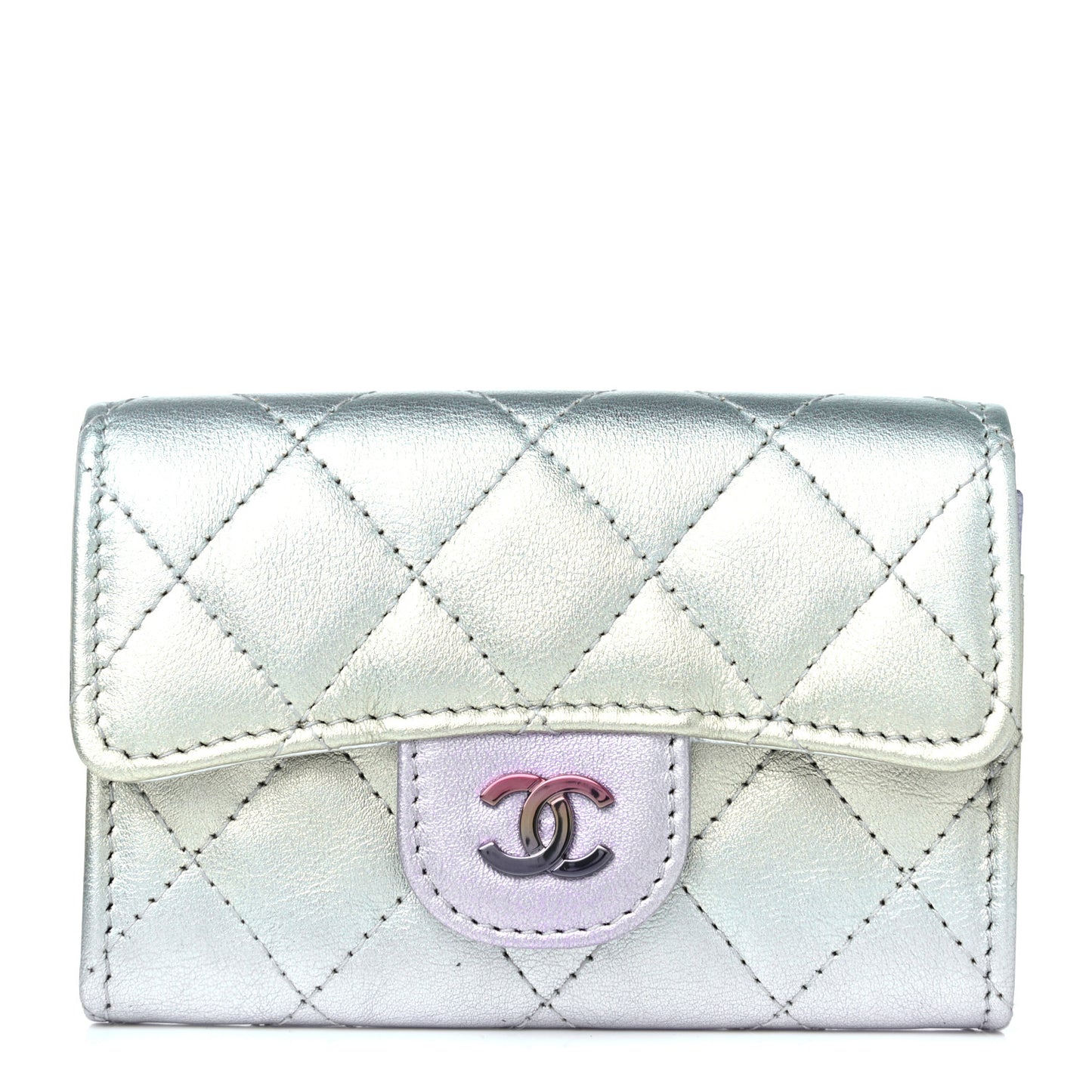 Gradient Metallic Calfskin Quilted Flap Card Holder Wallet Silver Blue Yellow Purple