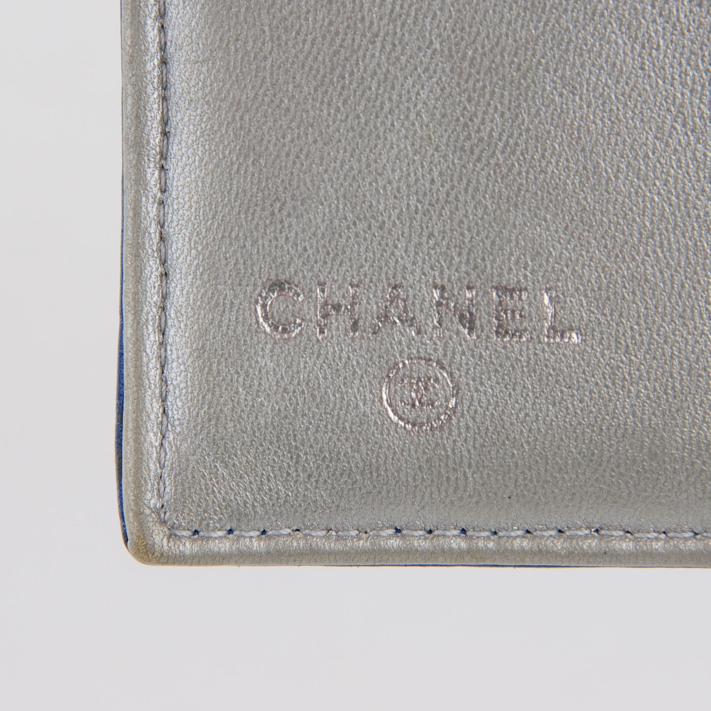 Lambskin Camellia Embossed French Wallet Blue