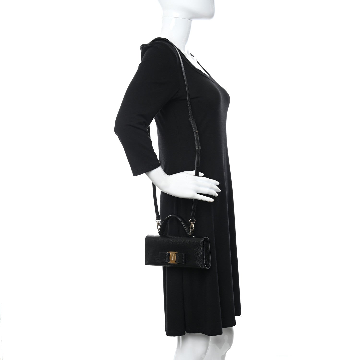 Salvatore Ferragamo Hammered Calfskin Mini Vera Bow Handle Bag Black 2 of 9