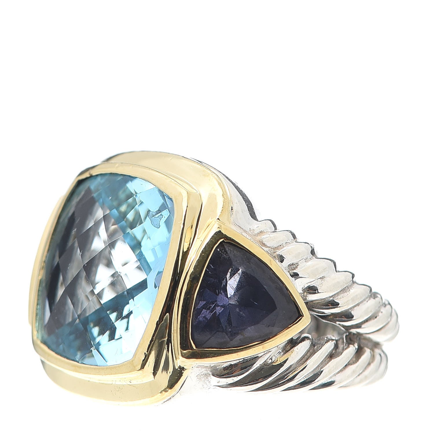 David Yurman Sterling Silver 14K Yellow Gold 17mm Blue Topaz Iolite Cable Mosaic Ring 52 6 3 of 5