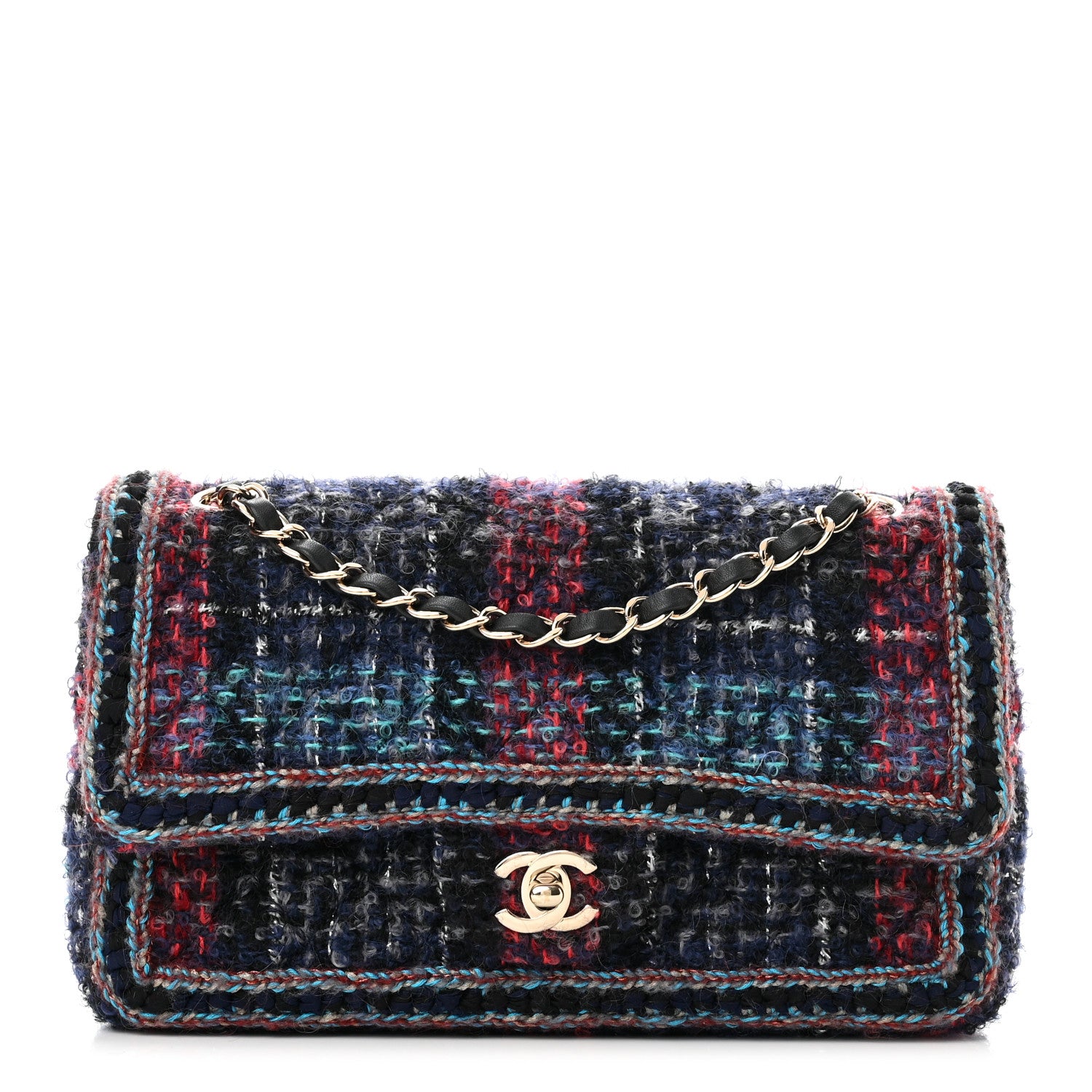 Chanel Tweed Braid Medium Flap Navy Green Red Grey 1 of 10