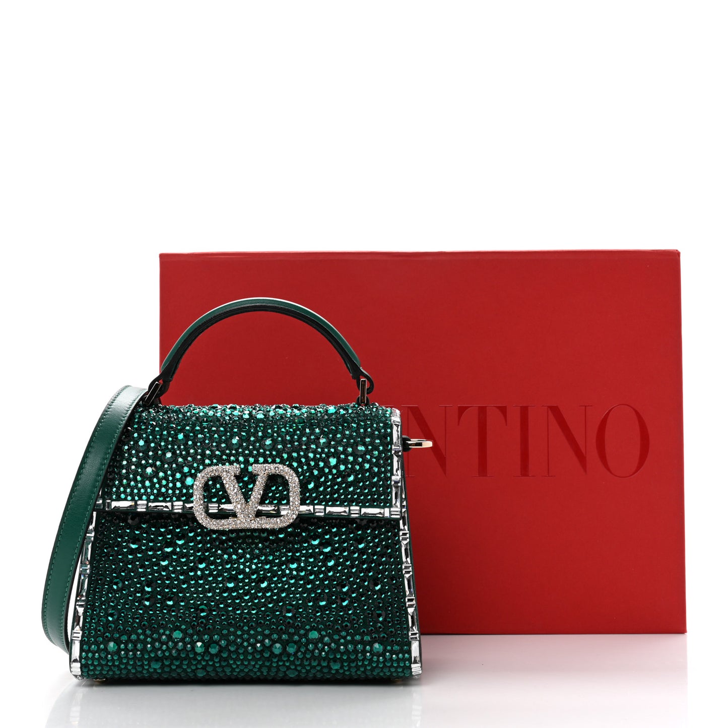 Crystal Embroidered Mini Vsling Top Handle Bag Emerald Jungle
