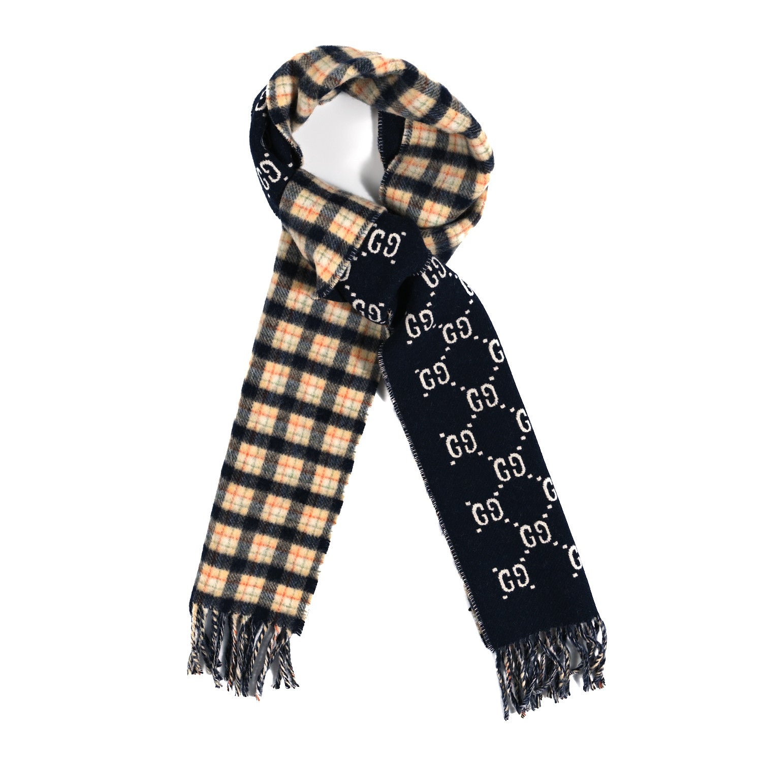 Gucci Wool GG Monogram Plaid Rise Reversible Fringe Scarf Midnight Blue Cream 1 of 4