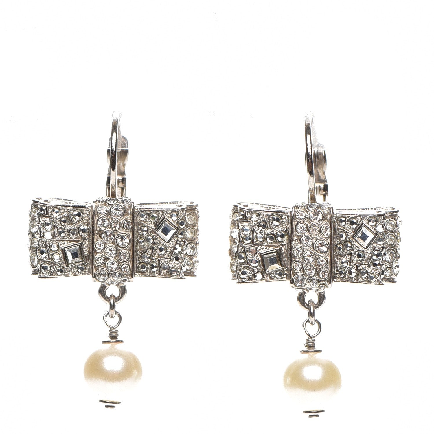 Chanel Crystal Pearl Bow Earrings Silver 1 of 5