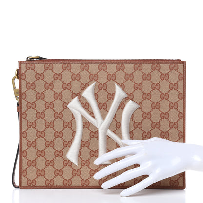 Gucci X MLB GG Monogram NY Yankees Zip Wristlet Pouch Beige Ruggine Ivory 2 of 10