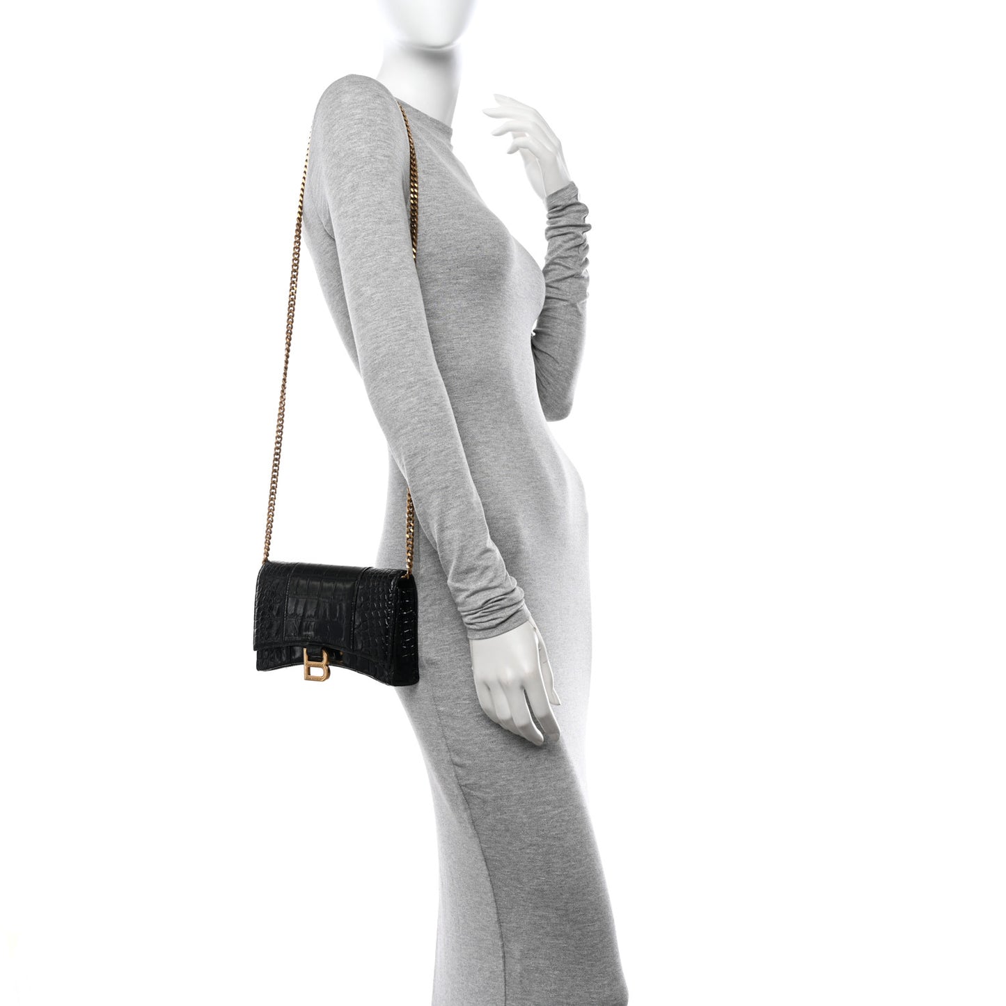 Shiny Calfskin Crocodile Embossed Hourglass Chain Bag Black