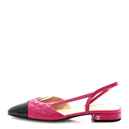 Chanel Lambskin Patent Cap Toe CC Slingback Flats 37.5 Fuchsia Black 1 of 10