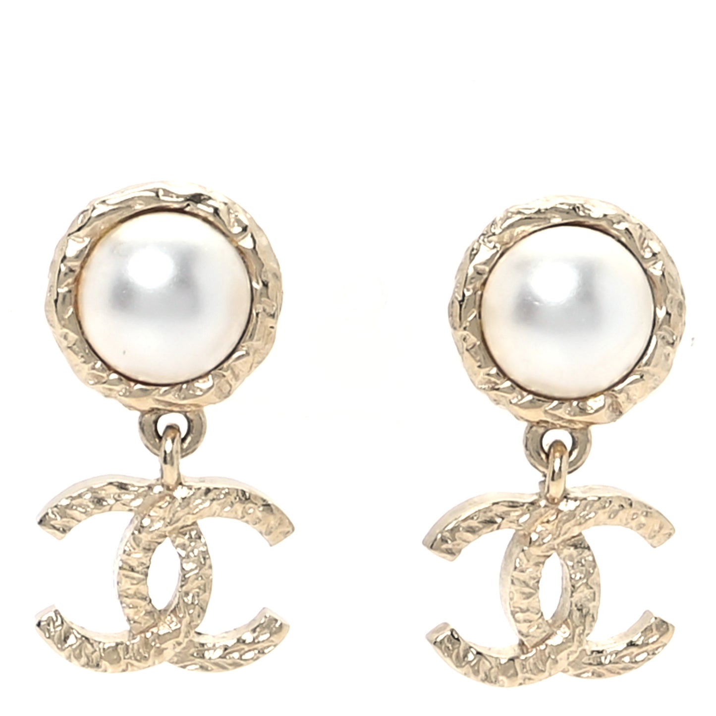 Pearl Hammered CC Drop Earrings Gold Pearly White
