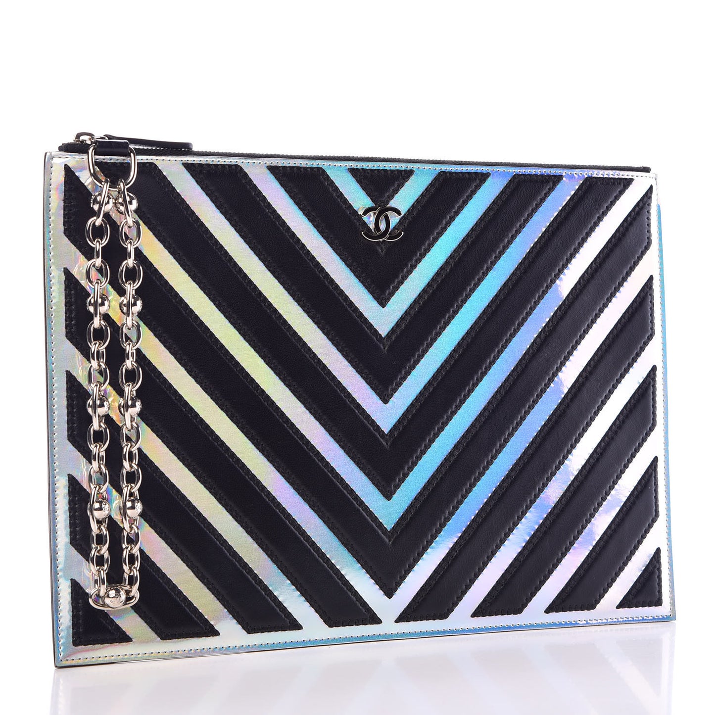 Lambskin Metallic Chevron Zip Pouch Black Silver