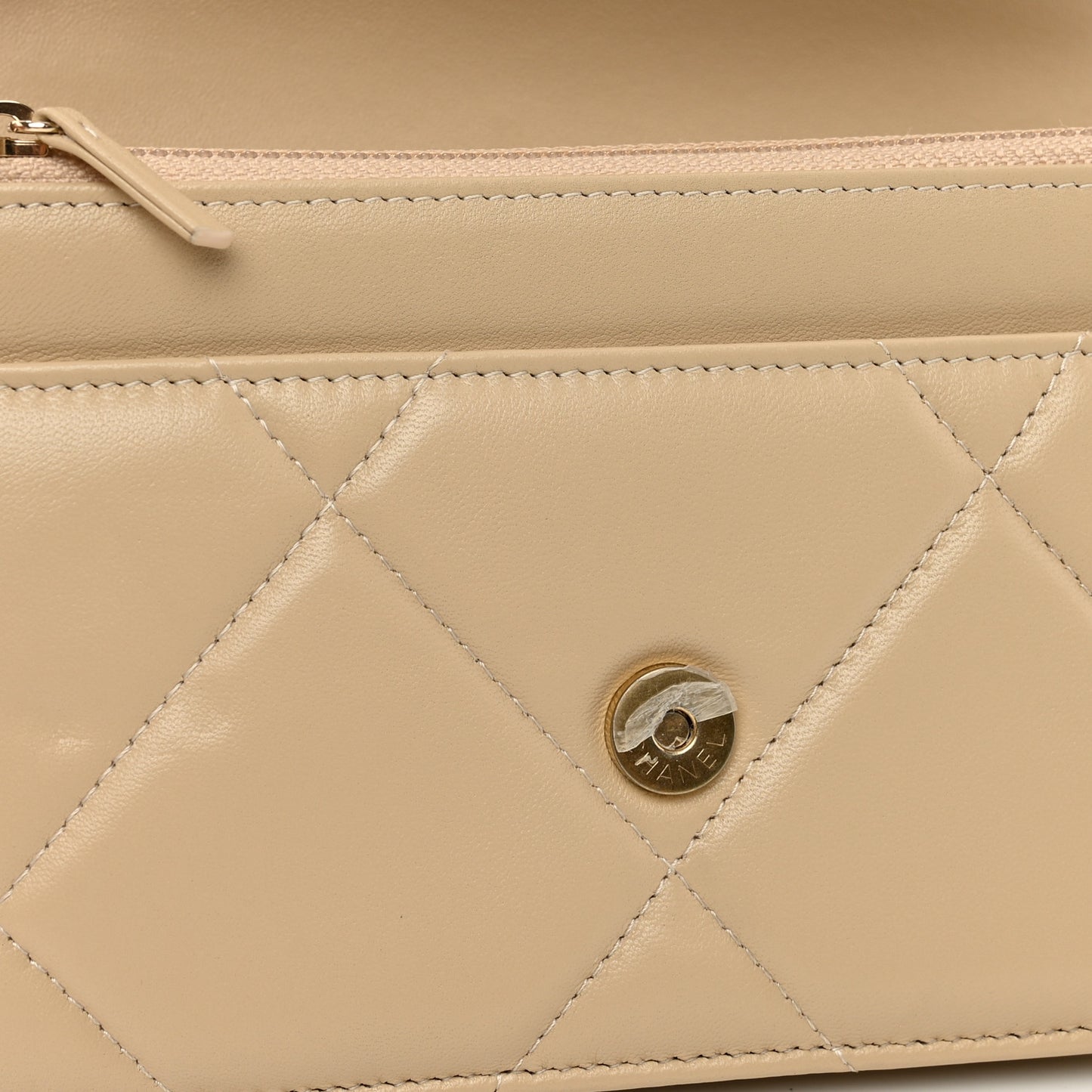 Lambskin Quilted Chanel 19 Wallet On Chain WOC Beige