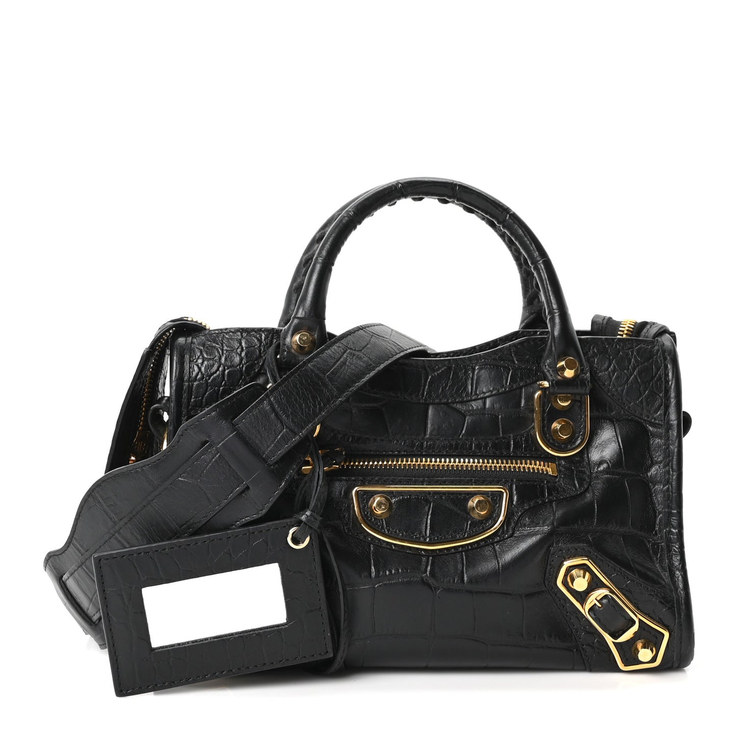 Calfskin Crocodile Embossed Gold Metallic Edge Hardware Mini City Black