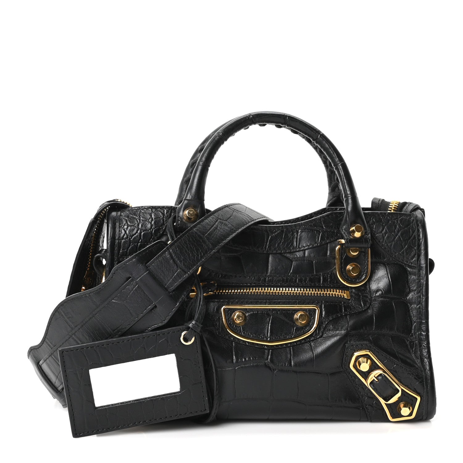Balenciaga Calfskin Crocodile Embossed Gold Metallic Edge Hardware Mini City Black 2 of 10
