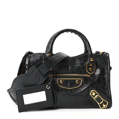 Balenciaga Calfskin Crocodile Embossed Gold Metallic Edge Hardware Mini City Black 2 of 10