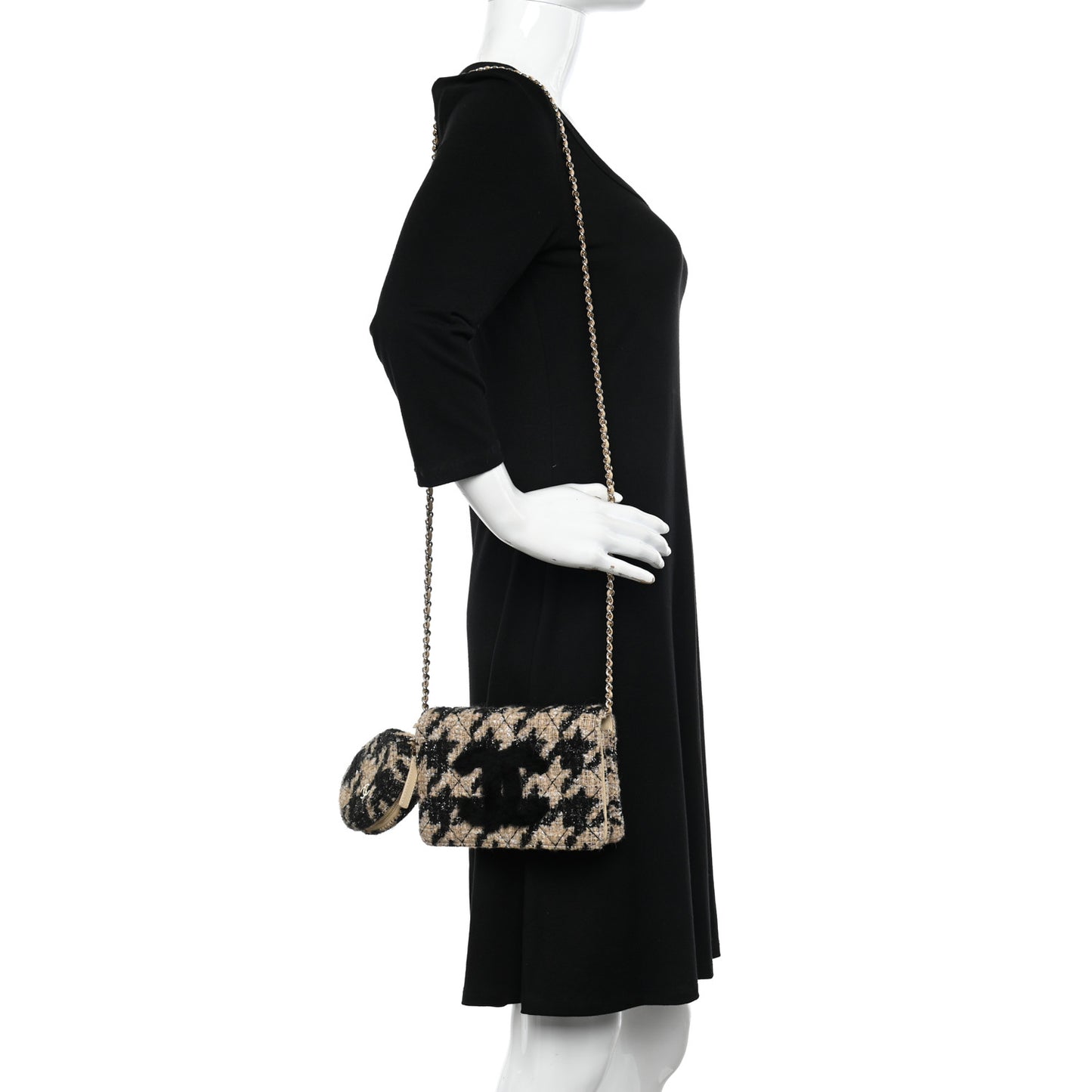 Tweed Shearling Quilted Chanel Wallet On Chain WOC and Coin Purse Beige Black