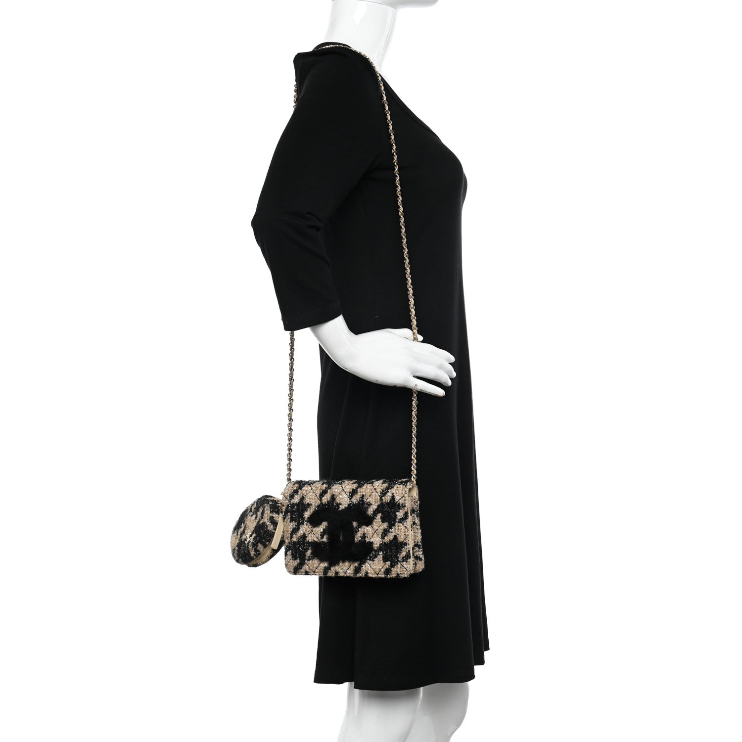 Chanel Tweed Shearling Quilted Chanel Wallet On Chain WOC and Coin Purse Beige Black 2 of 14
