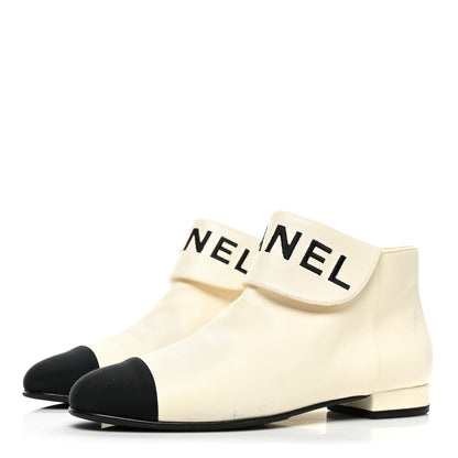 Chanel Lambskin Grosgrain Fold Over Logo Cap Toe Boots 36.5 Ivory Black 3 of 15