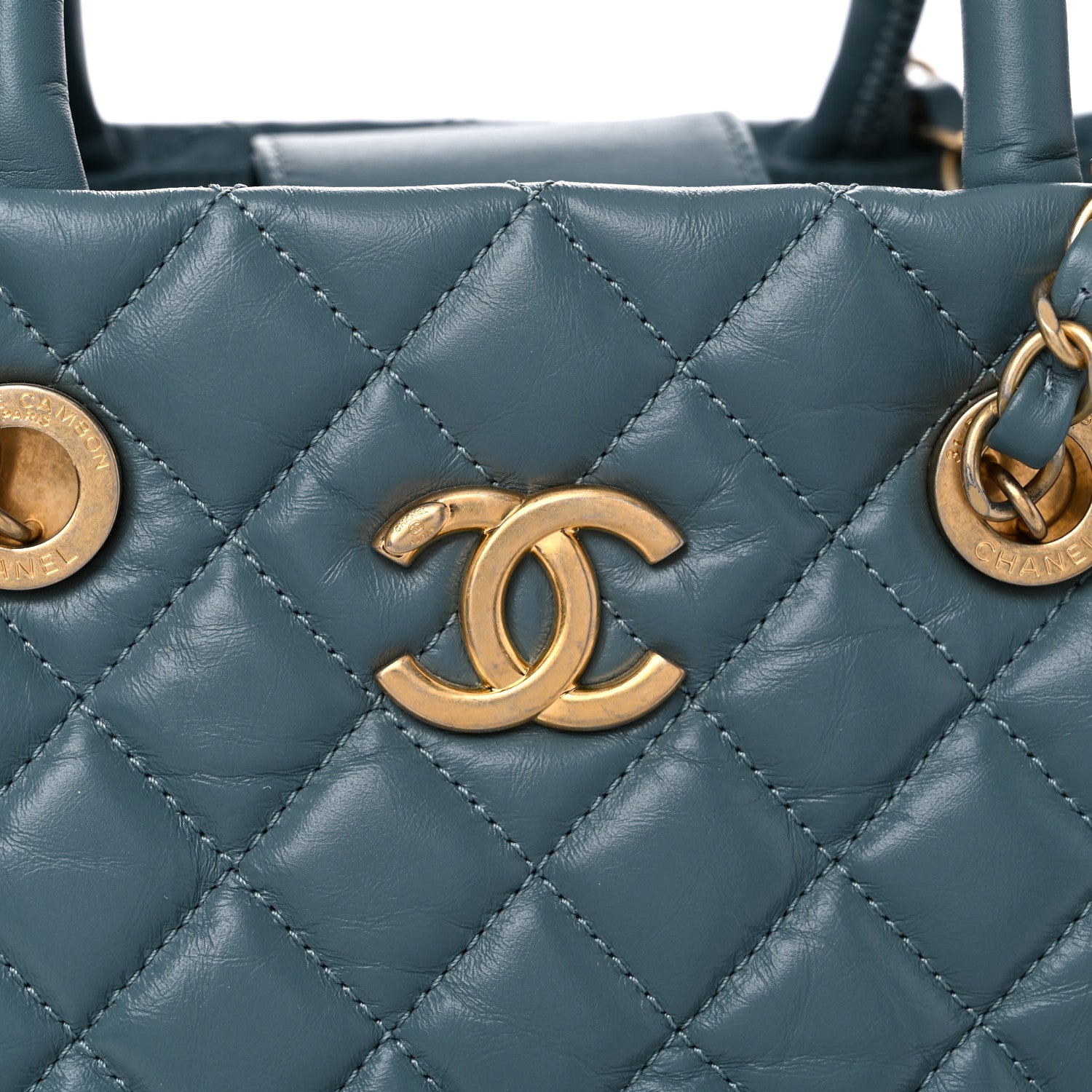 Chanel Aged Calfskin Quilted Large Coco Handle Shopping Tote Blue 10 of 15