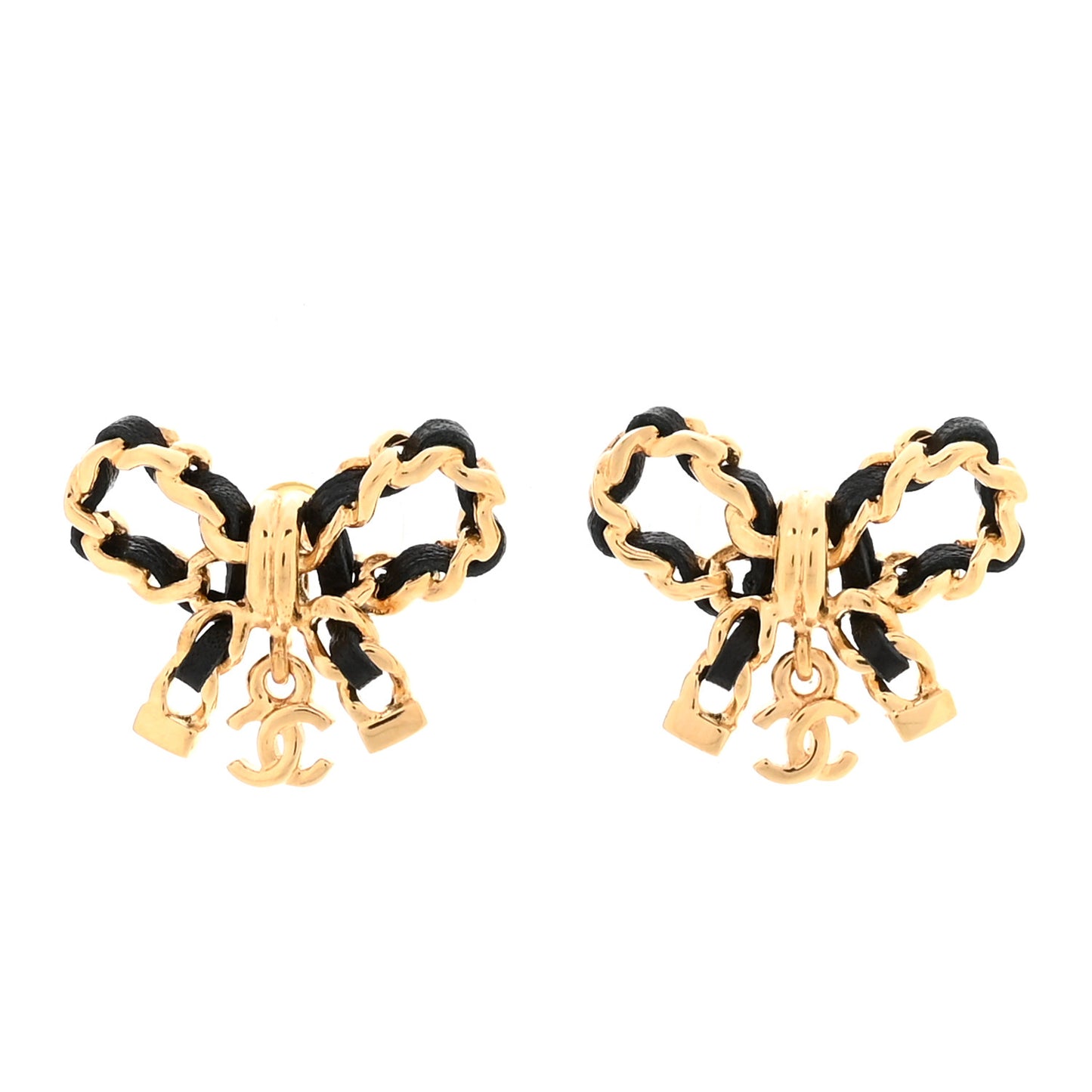 Lambskin Chain Bow Stud Earrings Black Gold