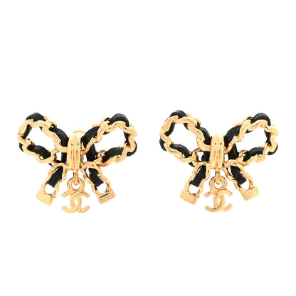 Chanel Lambskin Chain Bow Stud Earrings Black Gold 1 of 6