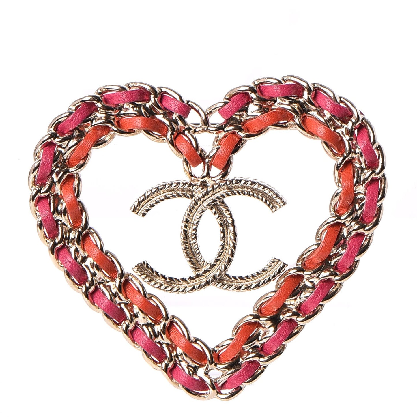 Metal Calfskin Braided Heart CC Brooch Pink Red Gold