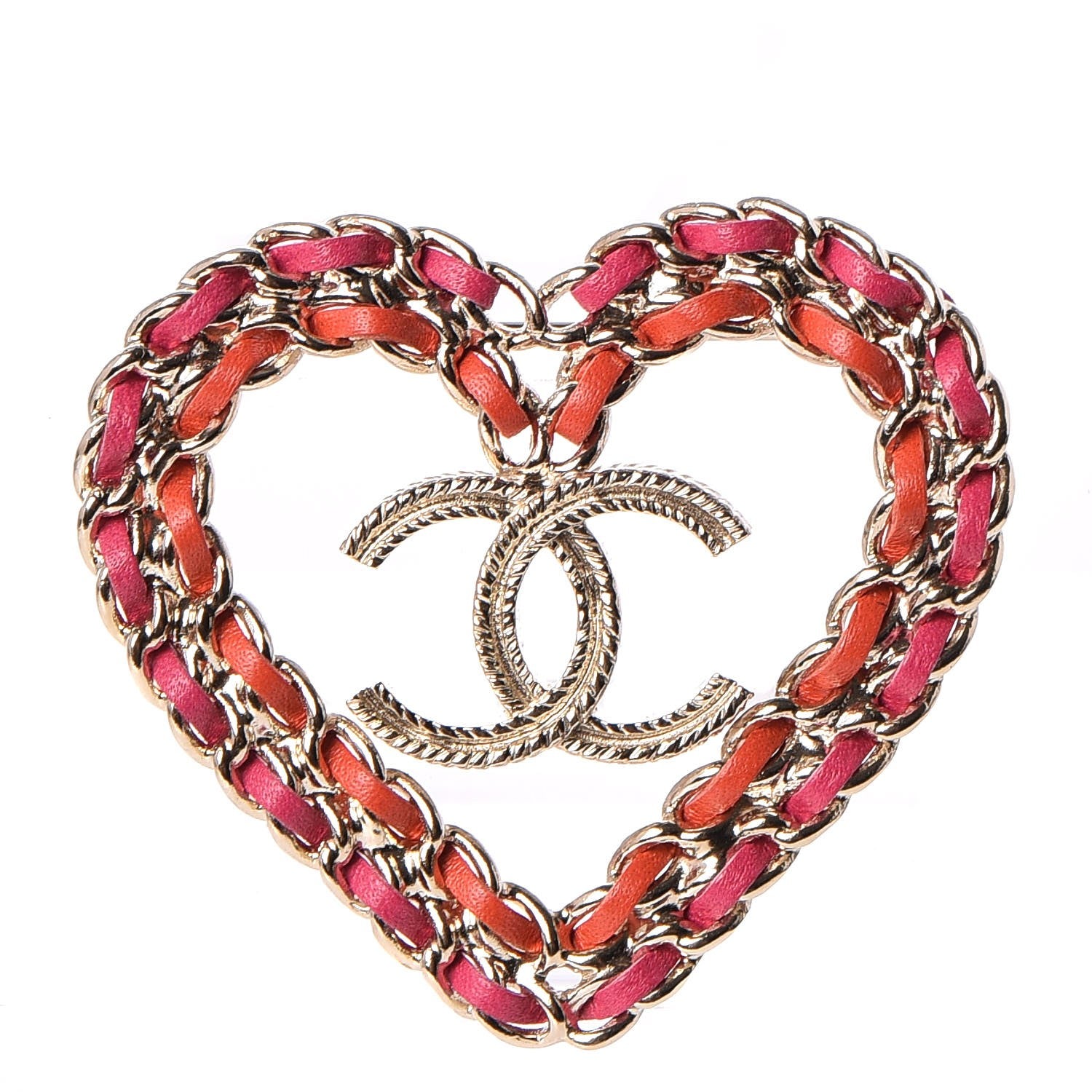 Chanel Metal Calfskin Braided Heart CC Brooch Pink Red Gold 1 of 5