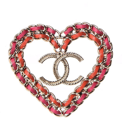Chanel Metal Calfskin Braided Heart CC Brooch Pink Red Gold 1 of 5