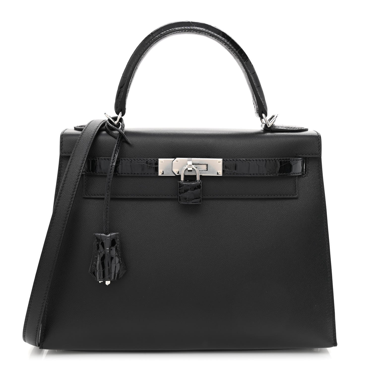 Hermes Madame Calfskin Shiny Niloticus Crocodile Kelly Sellier Touch 28 Black 1 of 12